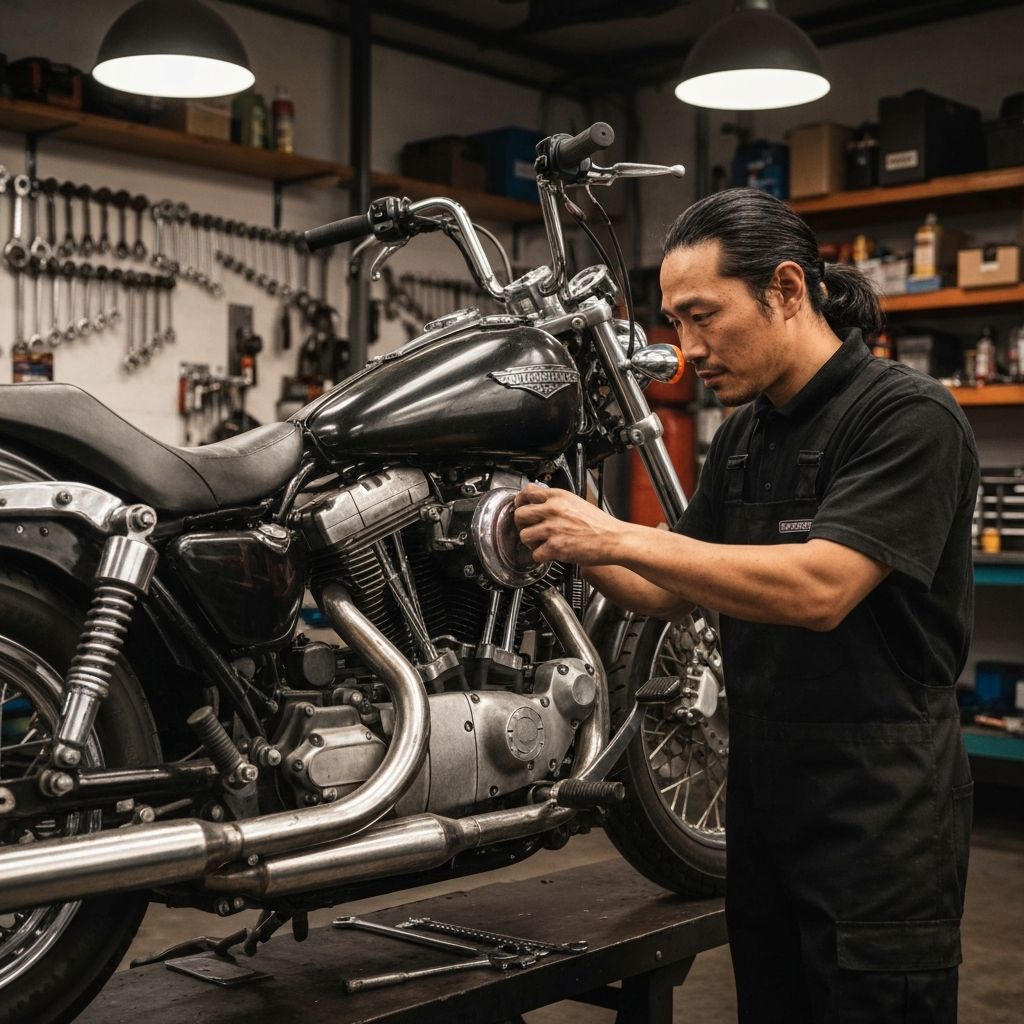 Expert motorcycle mechanic working on engine